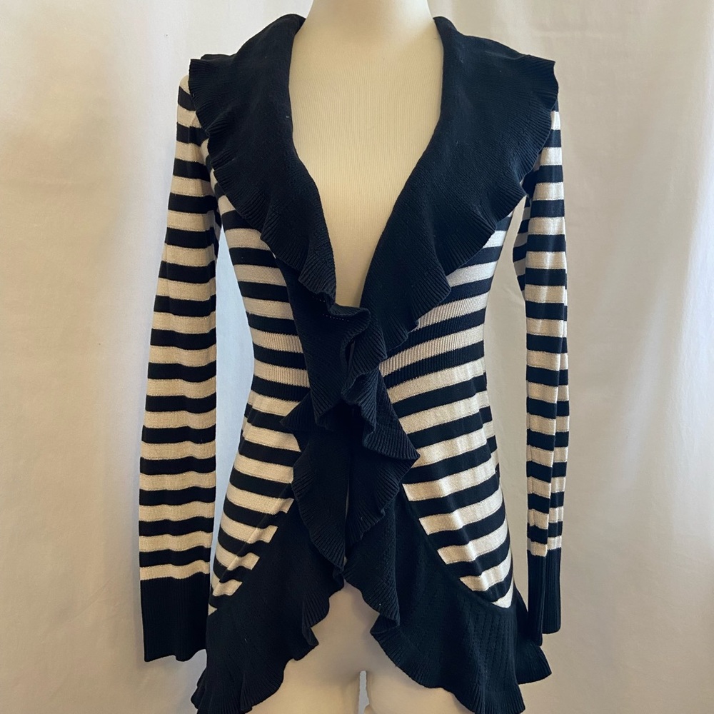 WHITE HOUSE BLACK MARKET Black/Tan (with gold threading) Ruffled Cardigan